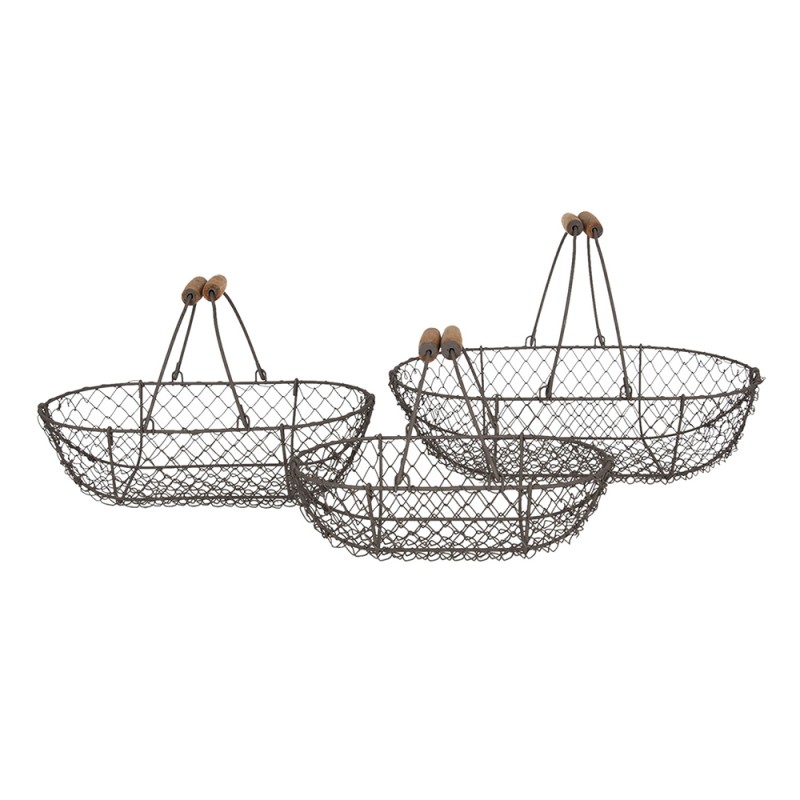 Clayre & Eef Storage Basket Set of 3 38x22x10 cm Brown Iron Wood Round