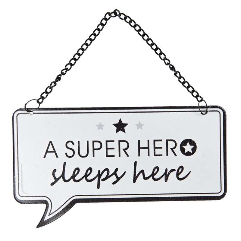 Clayre & Eef Plaque de texte 14x9 cm Blanc Noir Métal Rectangle Superhero