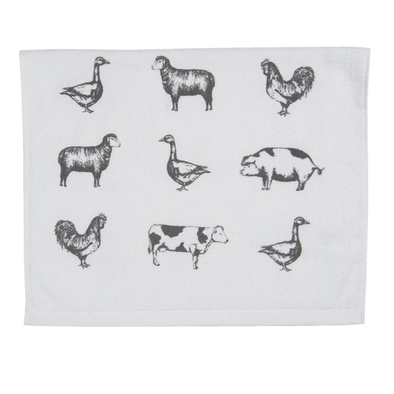 Clayre & Eef Asciugamano per ospiti 40x66 cm Grigio Bianco Cotone Rettangolo Animali da fattoria