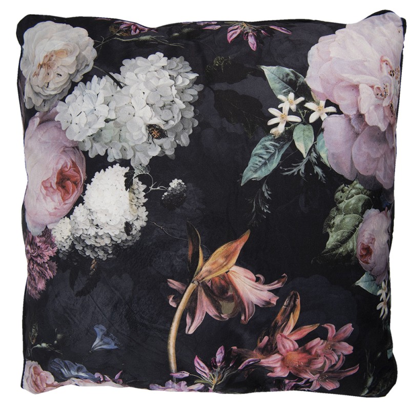 Clayre & Eef Decorative Cushion 45x45 cm Black Pink Synthetic Square Flowers