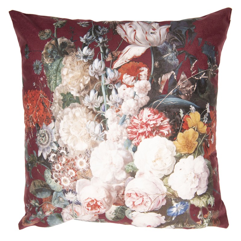 Clayre & Eef Cushion Cover 45x45 cm Red Polyester Square Flowers