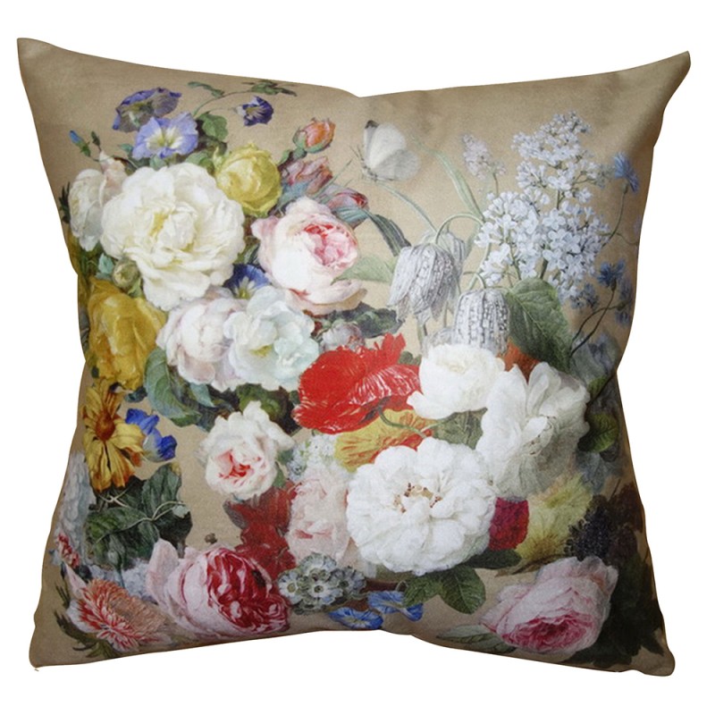 Clayre & Eef Kussenhoes  45x45 cm Beige Wit Polyester Vierkant Bloemen