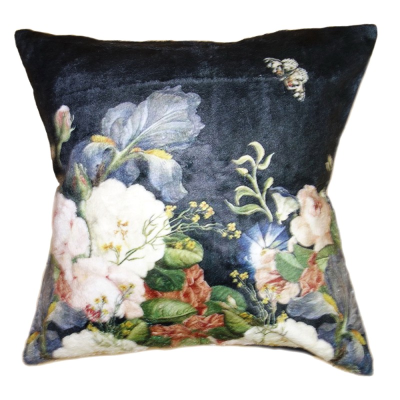 Clayre & Eef Cushion Cover 45x45 cm Blue Black Polyester Square Flowers