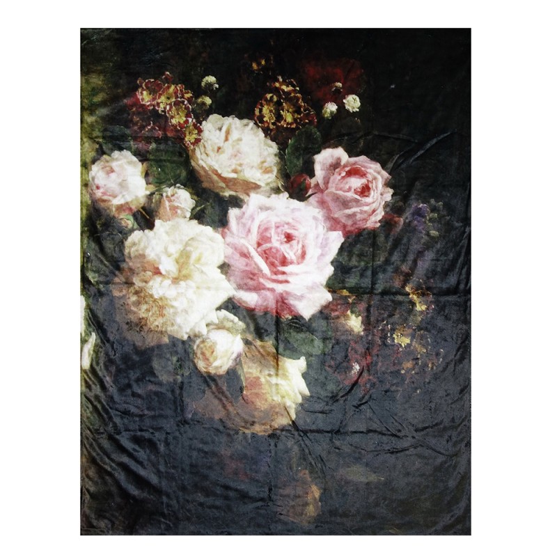 Clayre & Eef Plaid 130x170 cm Nero Rosa Poliestere Rettangolo Fiori