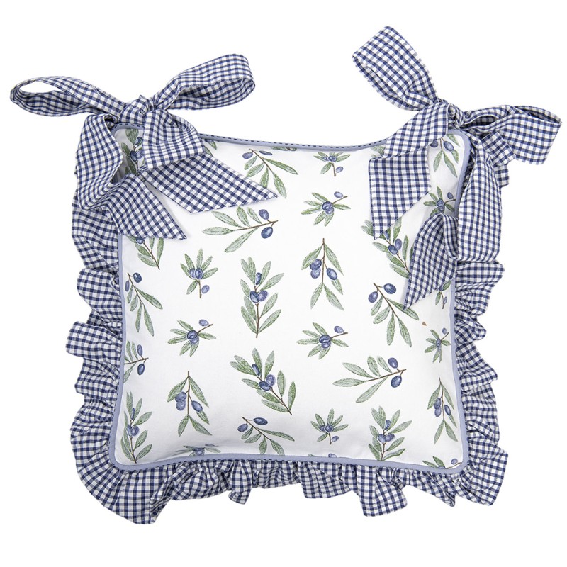 Clayre & Eef Chair Cushion Cover 40x40 cm White Blue Cotton Square Olive Branches