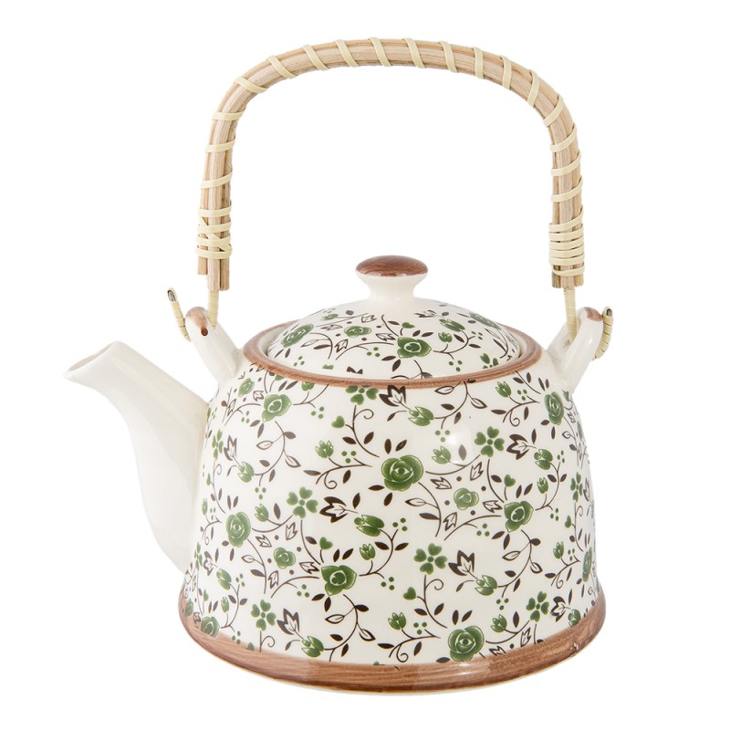 Clayre & Eef Teapot with Infuser 700 ml Green Ceramic Round Flowers