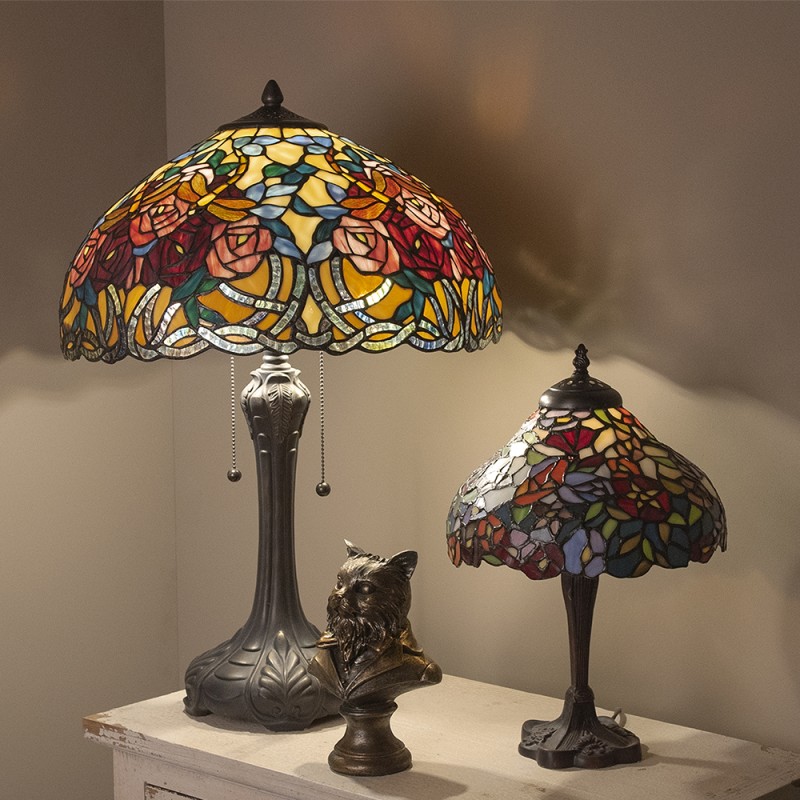 LumiLamp Lampe de table Tiffany Ø 26x40 cm Marron Rouge Verre Fleurs