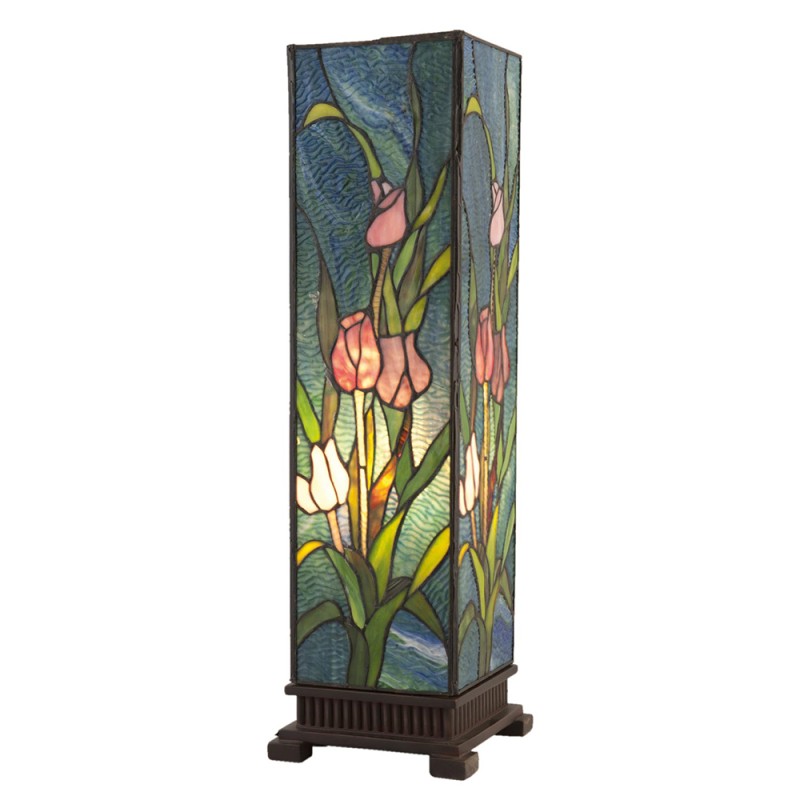 LumiLamp Table Lamp Tiffany 17x17x58 cm  Green Pink Glass Square Tulips