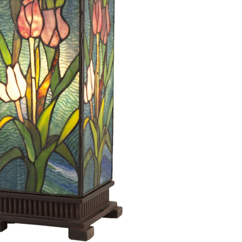 LumiLamp Tiffany Tafellamp  17x17x58 cm  Groen Roze Glas Vierkant Tulpen