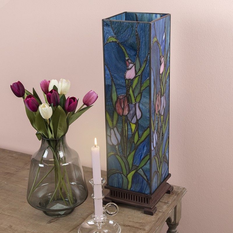 LumiLamp Lampe de table Tiffany 17x17x58 cm  Vert, Rose, Bleu Vitrail Carré
