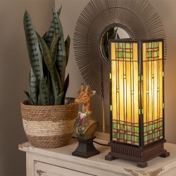 LumiLamp Tiffany Tafellamp 5LL-9221 18*18*45 cm E27/max 1*60W Beige Bruin Glas in lood Rechthoek Art Deco Tiffany Bureaulamp