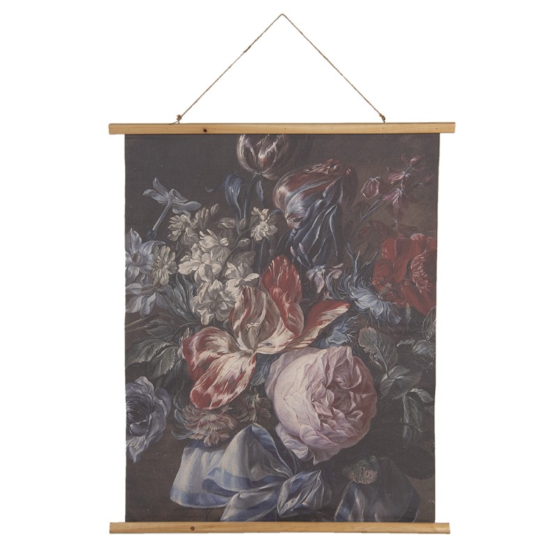 Clayre & Eef Wall Tapestry 80x100 cm Black Pink Wood Textile Rectangle Flowers