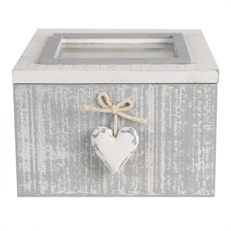 Clayre & Eef Storage Box 14x14x9 cm Grey White Wood Glass Square Heart
