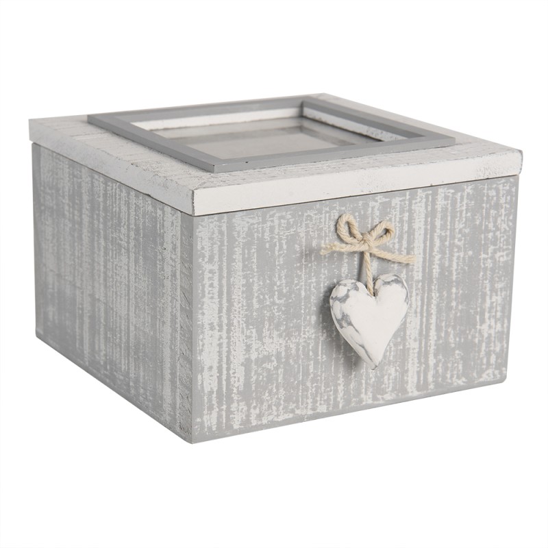 Clayre & Eef Storage Box 14x14x9 cm Grey White Wood Glass Square Heart