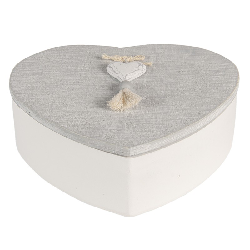 Clayre & Eef Boîte de rangement 18x18x6 cm Gris Blanc Bois En forme de coeur Coeur