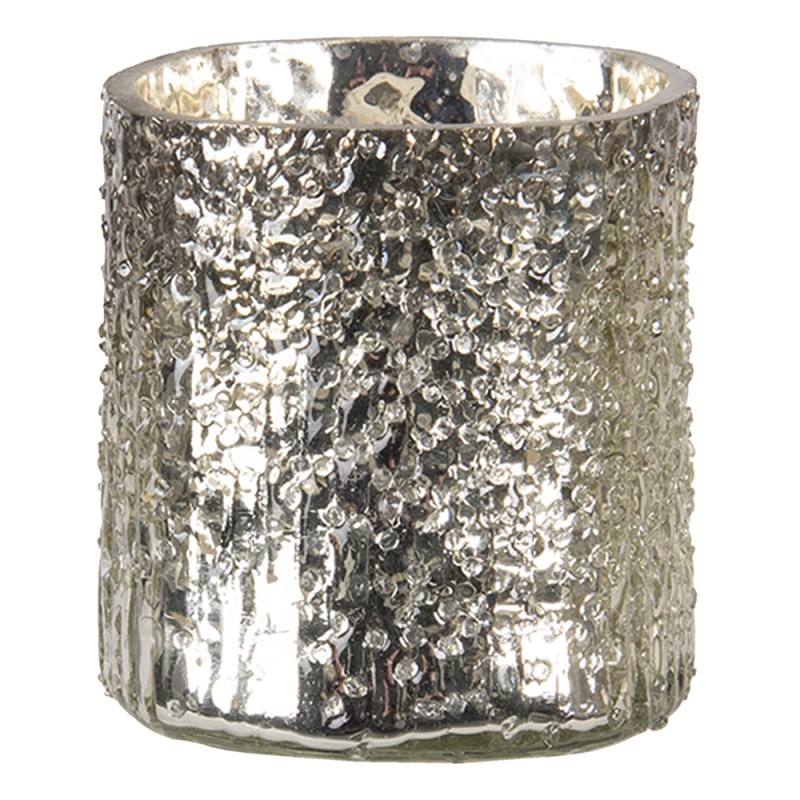 Clayre & Eef Tealight Holder Ø 8x8 cm Silver colored Glass Round