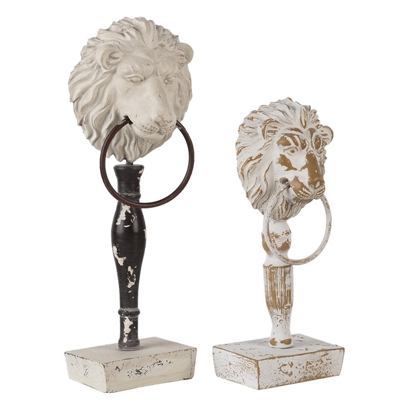 Clayre & Eef Statuetta decorativa set di 2 Leone Bianco Nero Legno Ferro