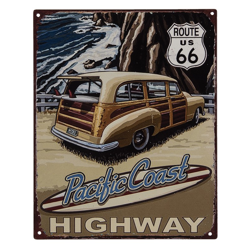 Clayre & Eef Plaque de texte 20x25 cm Beige Fer Voiture Route 66