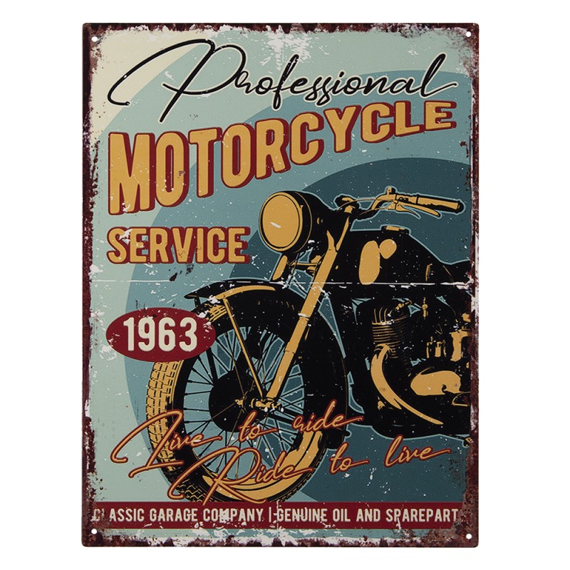 Clayre & Eef Plaque de texte 25x33 cm Bleu Jaune Fer Motorcycle