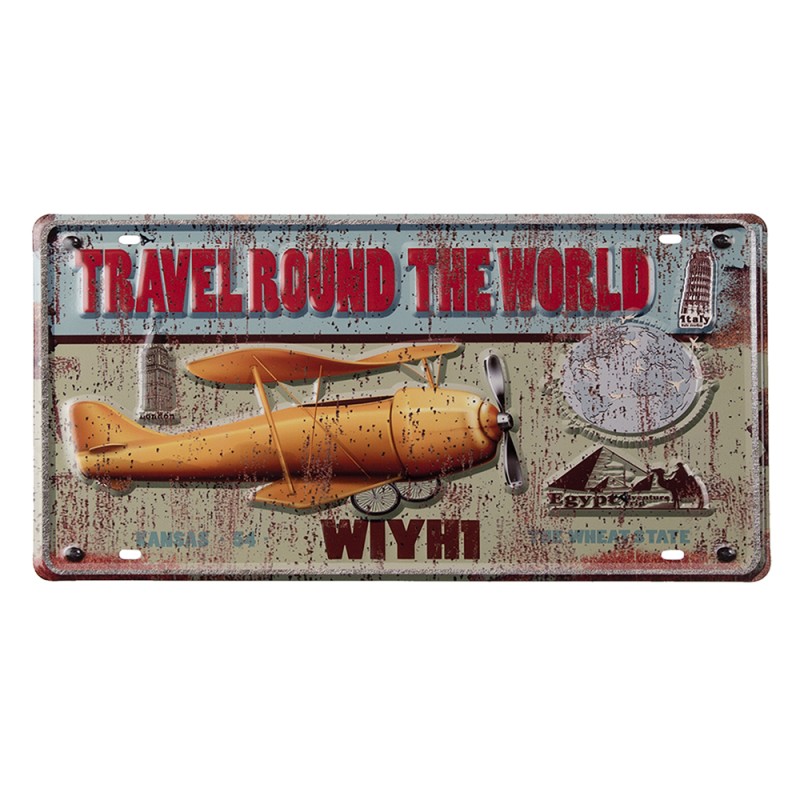 Clayre & Eef Text Sign 42x1x22 cm Yellow Red Iron Airplane Travelround The World