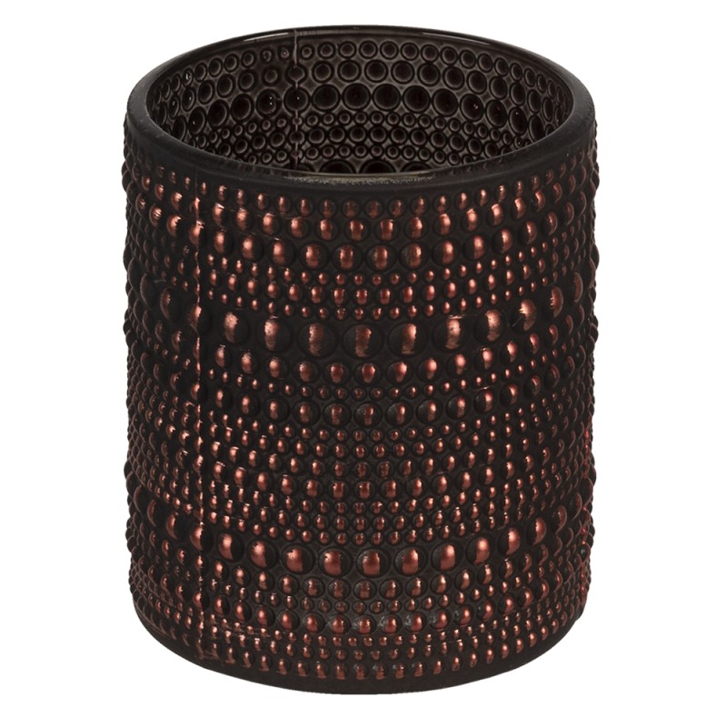 Clayre & Eef Tealight Holder Ø 9x10 cm Copper colored Black Glass Round
