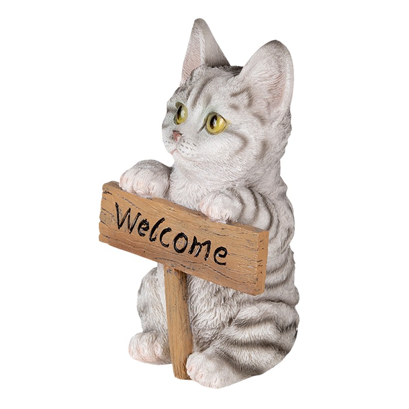 Clayre & Eef Figurine Chat 12x9x19 cm Blanc Gris Polyrésine Welcome