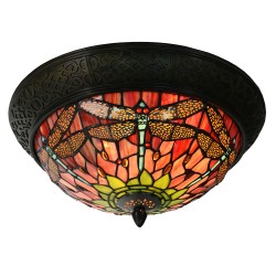 LumiLamp Plafondlamp Tiffany 5LL-5360 Ø 38*19 cm  Rood Groen Glas Driehoek Libelle Plafonniere