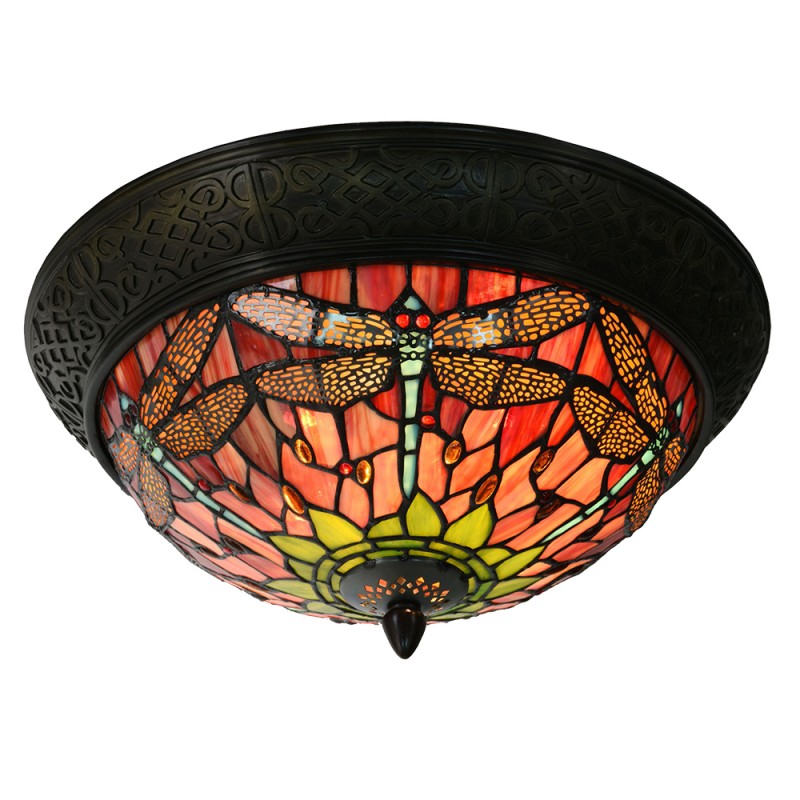 2LumiLamp Plafondlamp Tiffany 5LL-5360 Ø 38*19 cm  Rood Groen Glas Driehoek Libelle Plafonniere
