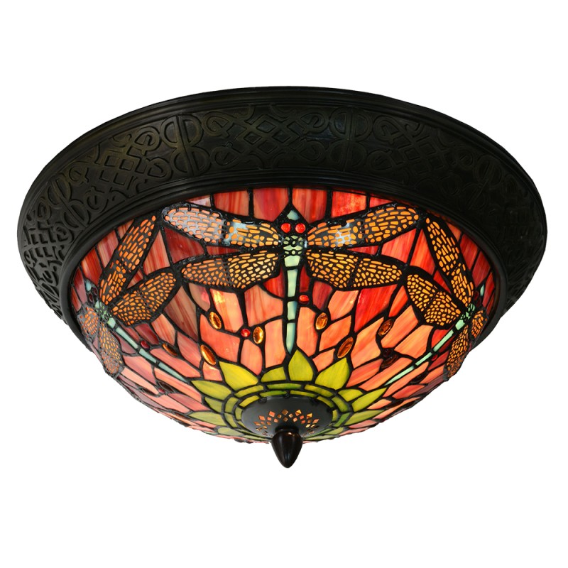LumiLamp Ceiling Lamp Tiffany Ø 38x19 cm  Red Green Glass Triangle Dragonfly