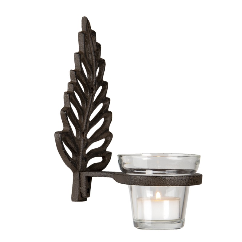 Clayre & Eef Tealight Holder Feather 10x12x19 cm Brown Iron Glass