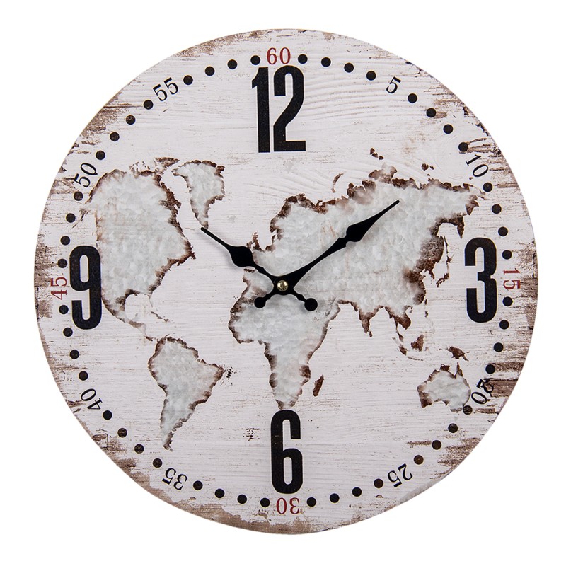 Clayre & Eef Horloge mural Ø 34 cm Beige MDF Rond Carte du monde