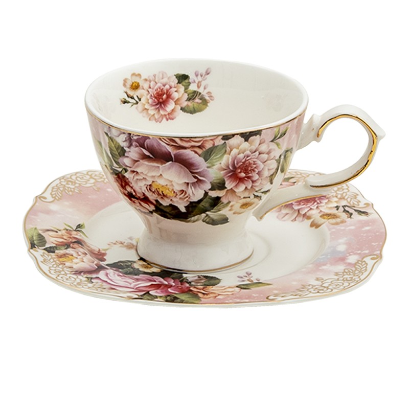 Clayre & Eef Cup and Saucer 200 ml Pink Porcelain Round
