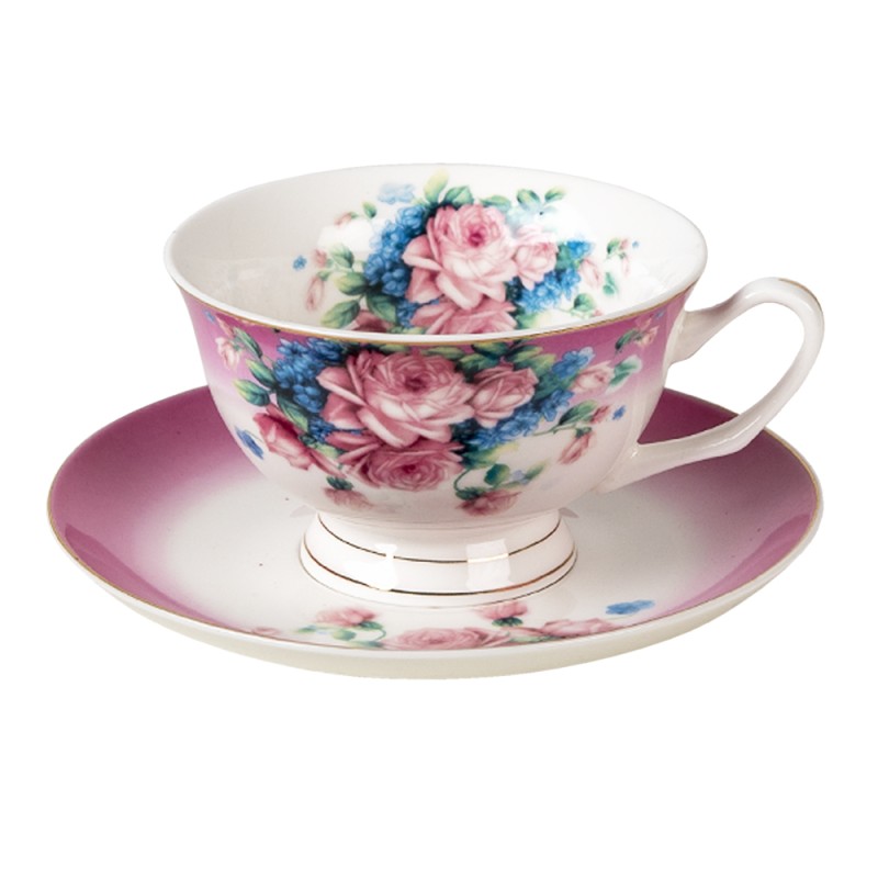 Clayre & Eef Cup and Saucer 200 ml Purple Porcelain Round Flowers