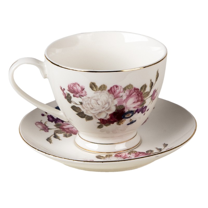 Clayre & Eef Cup and Saucer 200 ml White Porcelain Round Flowers