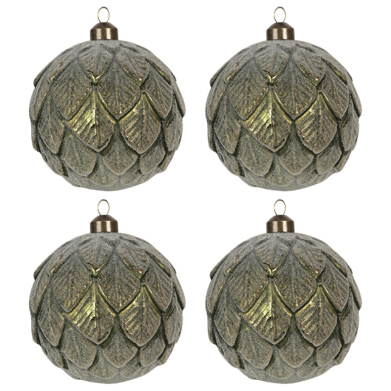 Clayre & Eef Christmas Bauble Set of 4 Ø 10 cm Green Glass Round
