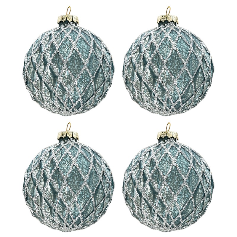 Clayre & Eef Christmas Bauble Set of 4 Ø 8 cm Blue Glass Round