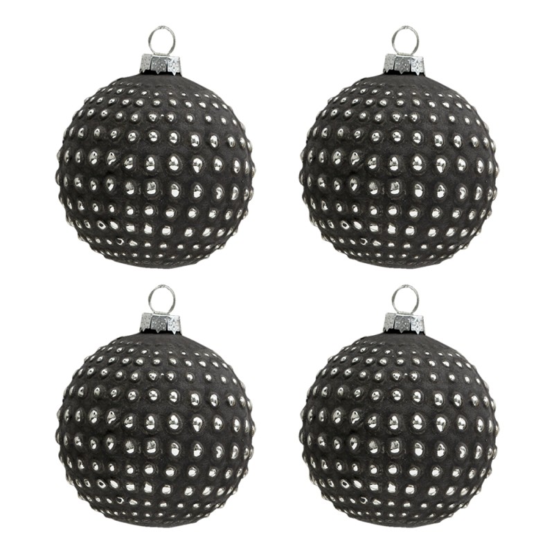Clayre & Eef Christmas Bauble Set of 4 Ø 8 cm Grey Glass Round