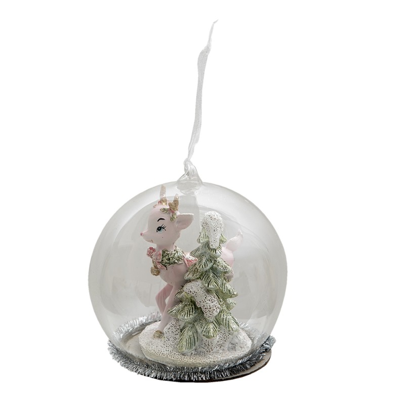 Clayre & Eef Christmas Bauble Deer 10 cm Pink Glass Plastic Round