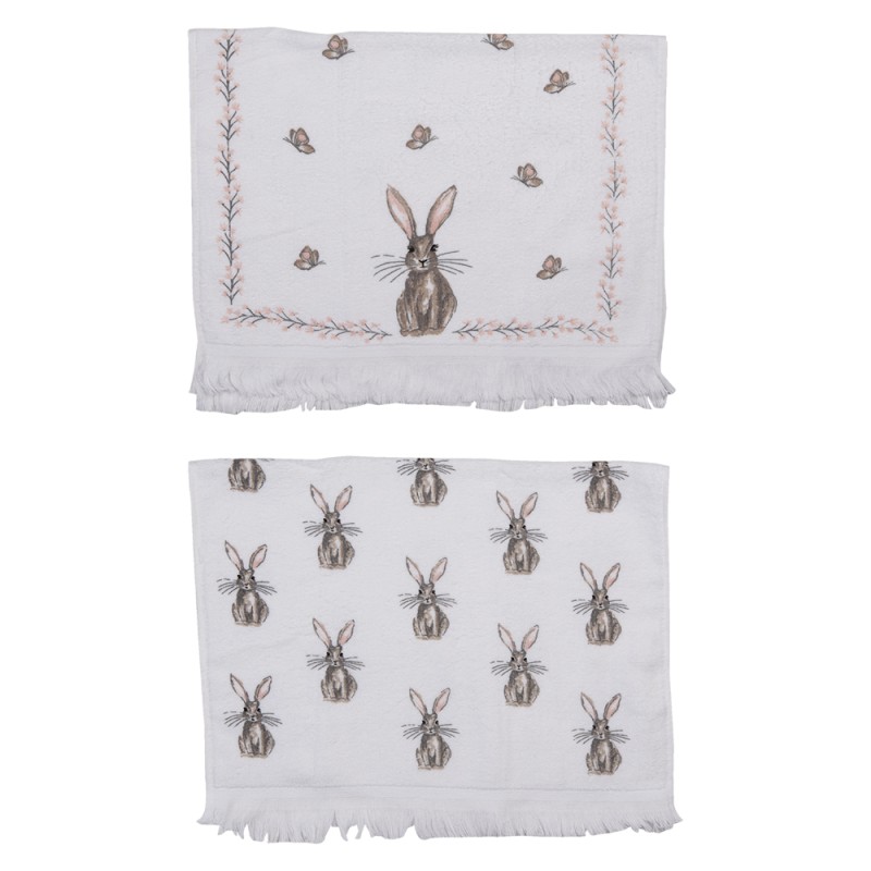 Clayre & Eef Guest Towel Set of 2 40x66 cm White Brown Cotton Rabbit