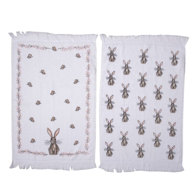 Clayre & Eef Guest Towel Set of 2 40x66 cm White Brown Cotton Rabbit