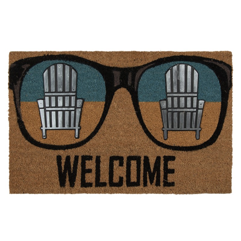 Clayre & Eef Door Mat 75x45 cm Brown Blue Rubber Coconut Fiber Rectangle Glasses Welcome