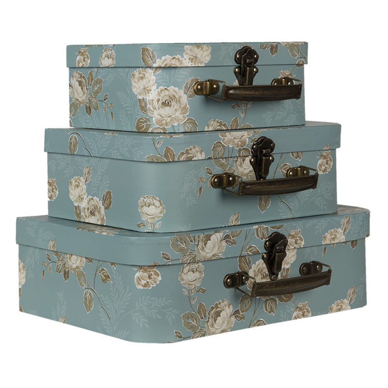 Clayre & Eef Decoratie koffer Set van 3  30x21x9/25x18x9/20x16x8 cm Groen Karton Rechthoek Bloemen