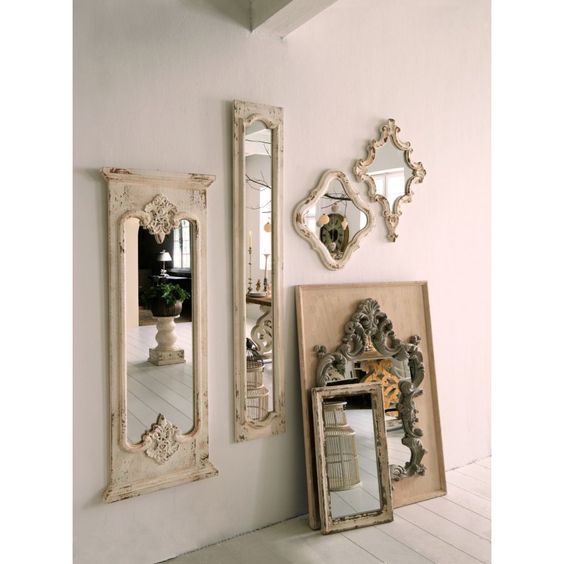2Clayre & Eef Wandspiegel 52S105 94*10*129 cm Wit Hout Rechthoek Krullen Grote Spiegel Muur Spiegel