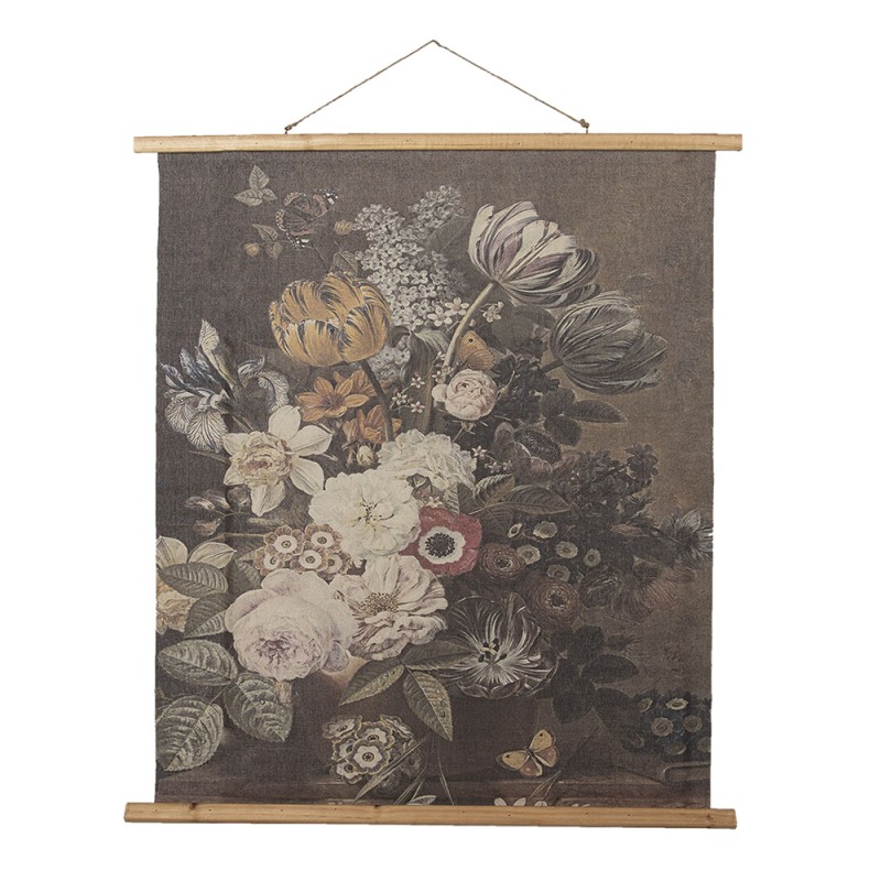 Clayre & Eef Wall Tapestry 80x100 cm Grey Wood Textile Rectangle Flowers
