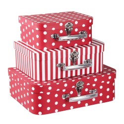 Clayre & Eef Decoratie koffer Set van 3 64044 30*22*9/25*20*9/20*17*8 cm Rood Karton Rechthoek Opbergkoffer