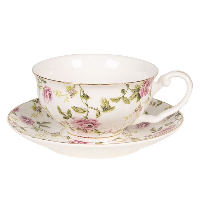 Clayre & Eef Cup and Saucer 125 ml White Porcelain Round Flowers