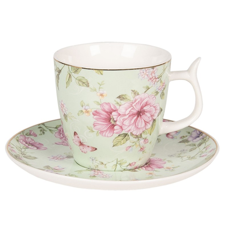 Clayre & Eef Cup and Saucer 160 ml Green Pink Porcelain Flowers