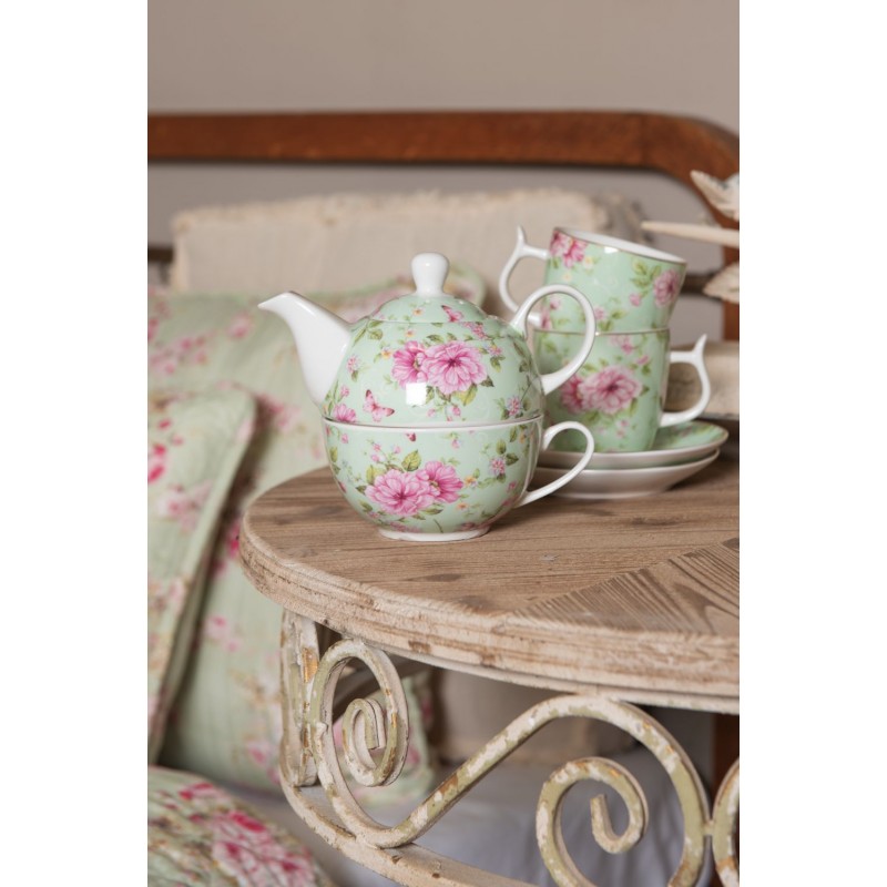 Clayre & Eef Cup and Saucer 160 ml Green Pink Porcelain Flowers