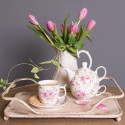 Clayre & Eef Tasse mit Untertasse 160 ml Rosa Weiß Porzellan Blumen