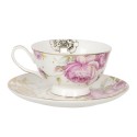 Clayre & Eef Cup and Saucer 200 ml White Pink Porcelain Flowers